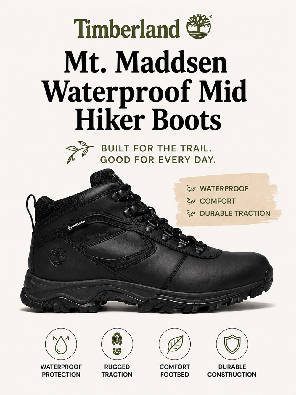 Timberland Mt Maddsen Waterproof Mid Hike Boots Black 8.5 Anti-Fatigue Trail NWT